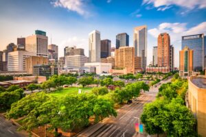 Houston Texas skyline on a sunny day. One of the most interesting facts about Texas is that Houston is one of the most diverse cities in the USA