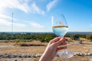kate storm holding a glass of white wine in johnson city texas