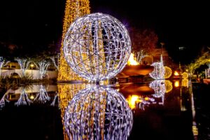 Christmas light display with a giant orb--you'll find impressive displays like this all over the best places to celebrate Christmas in Texas
