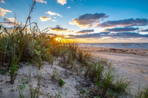 sunset over one of the best beaches in corpus christi tx with seagrass in the foreground