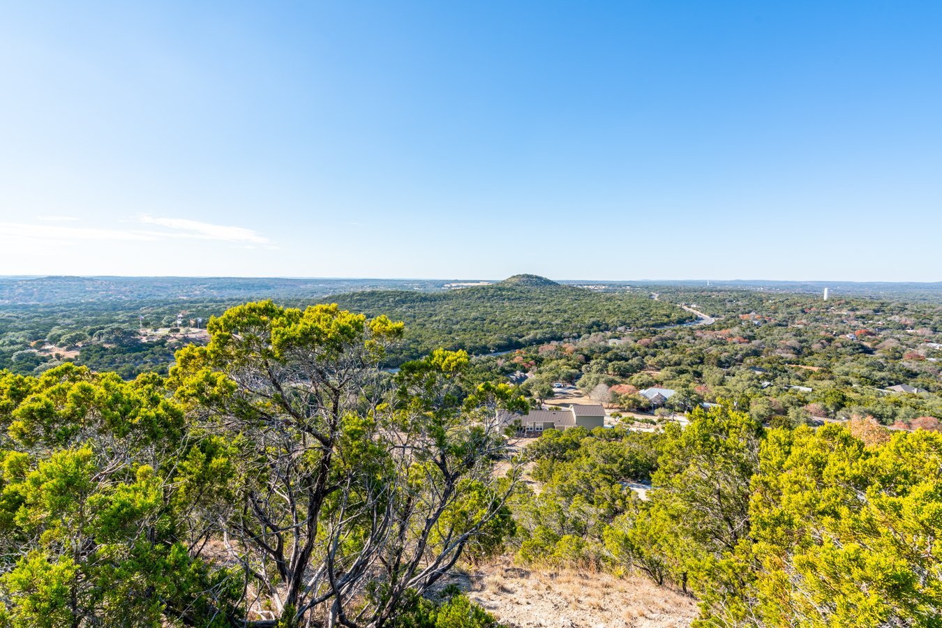 view of texas hill country from above at old baldy wimberley prayer mountain