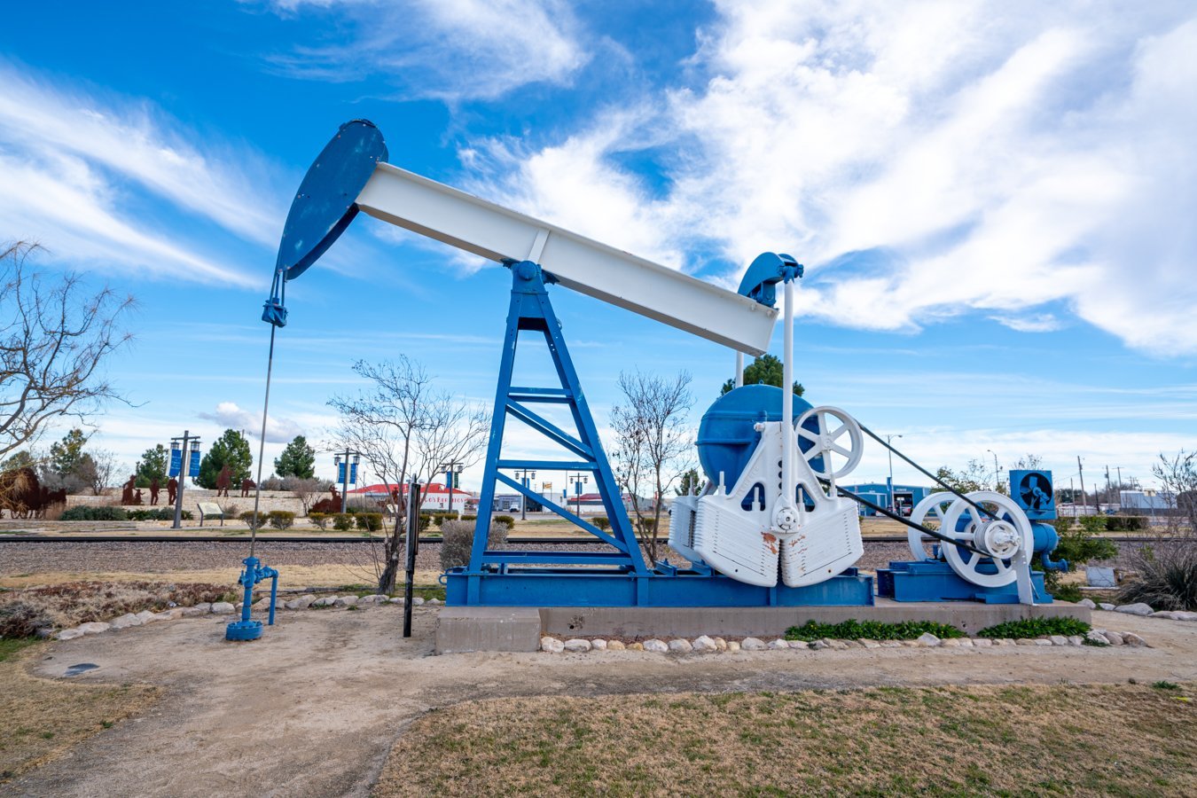 white and blue historic oil rig at the visitors center, one of the fun things to do in fort stockton texas