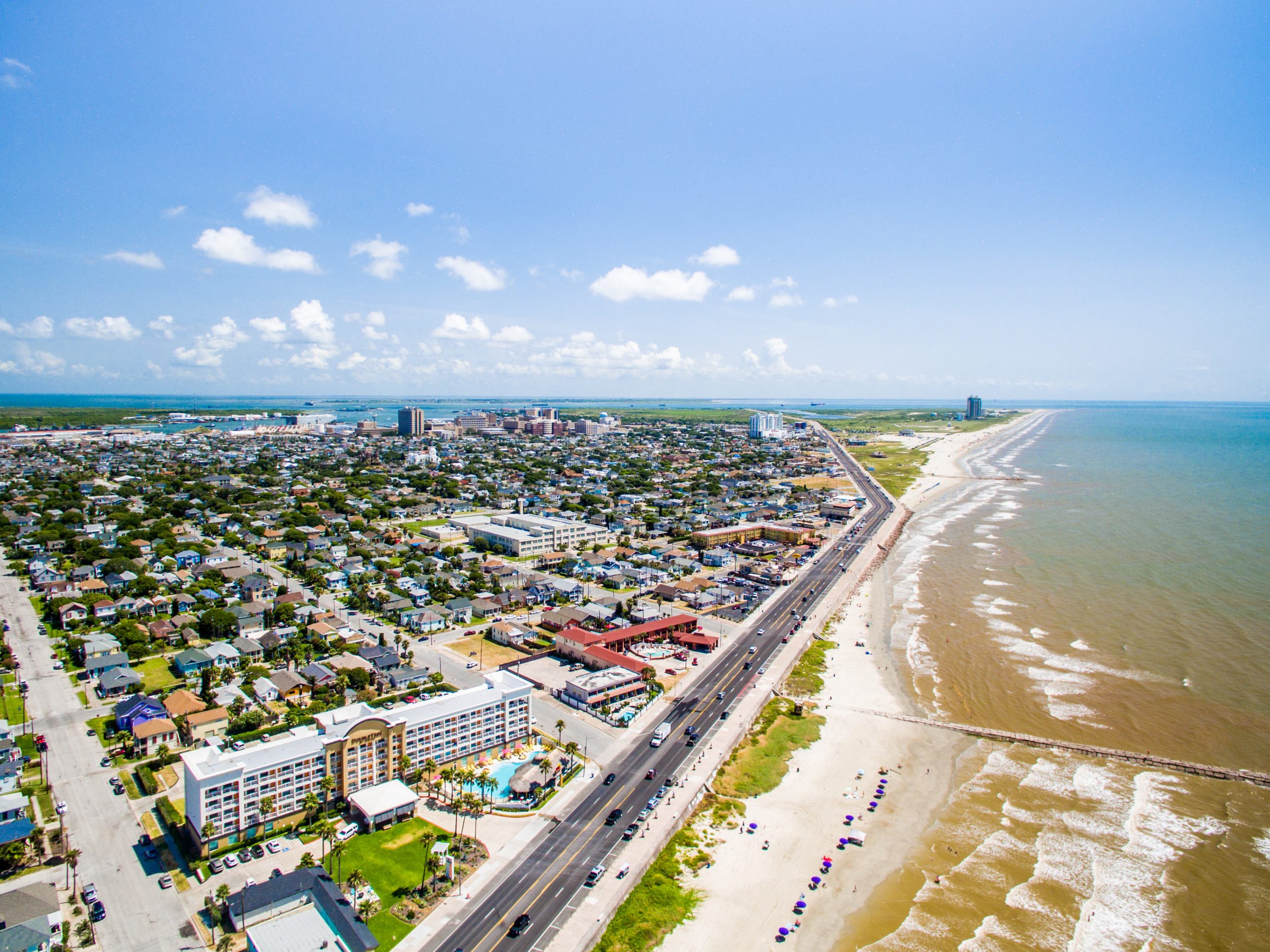 aerial view of galveston island and some of the best beaches in galveston tx