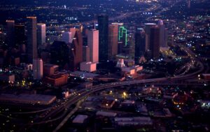 aerial view of the houston night skyline, looking down at the best things to do in houston at night